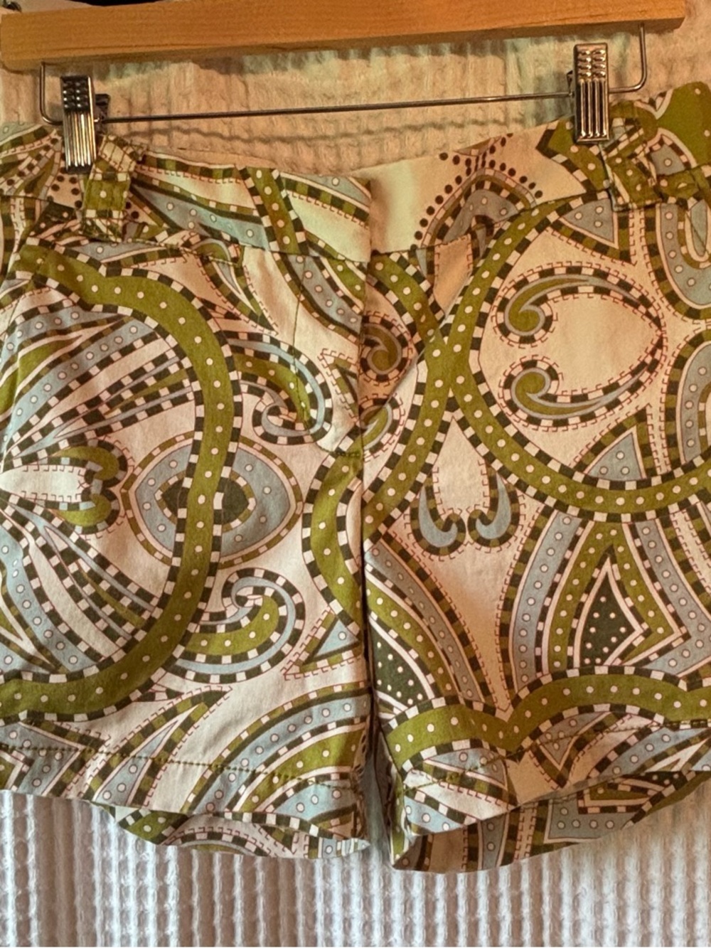 J. Crew Paisley-Print Shorts in Green and Blue, 5” Inseam, Cotton/Spandex